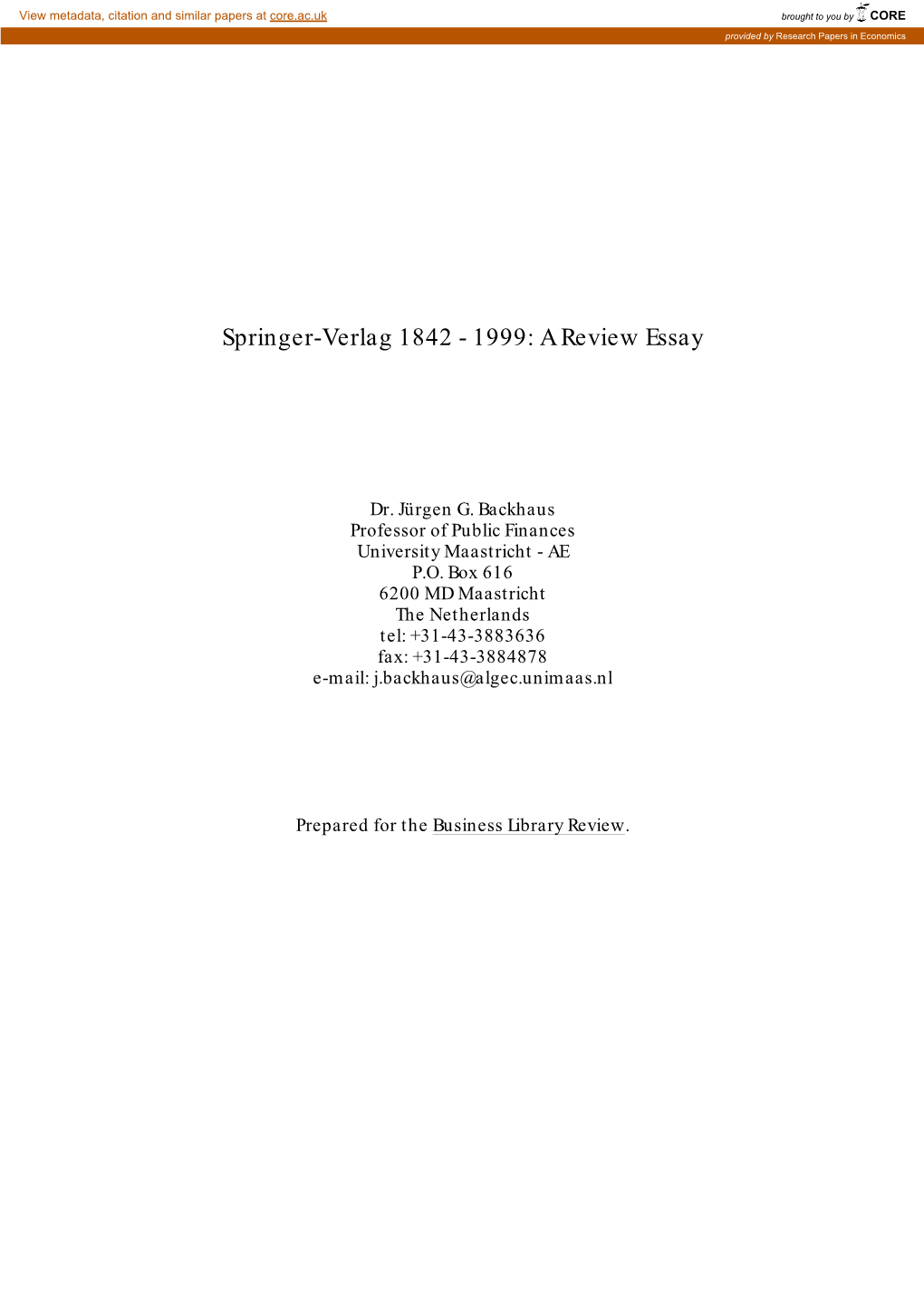 Springer-Verlag 1842 - 1999: a Review Essay