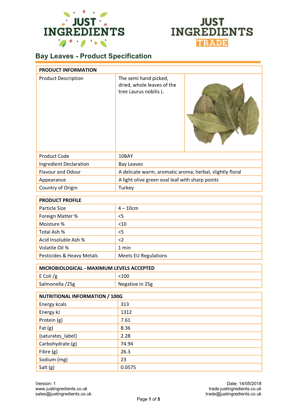 Bay Leaves - Product Specification