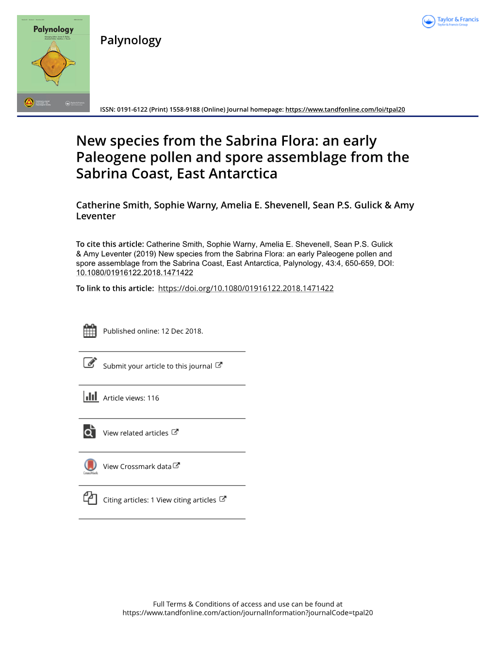 An Early Paleogene Pollen and Spore Assemblage from the Sabrina Coast, East Antarctica