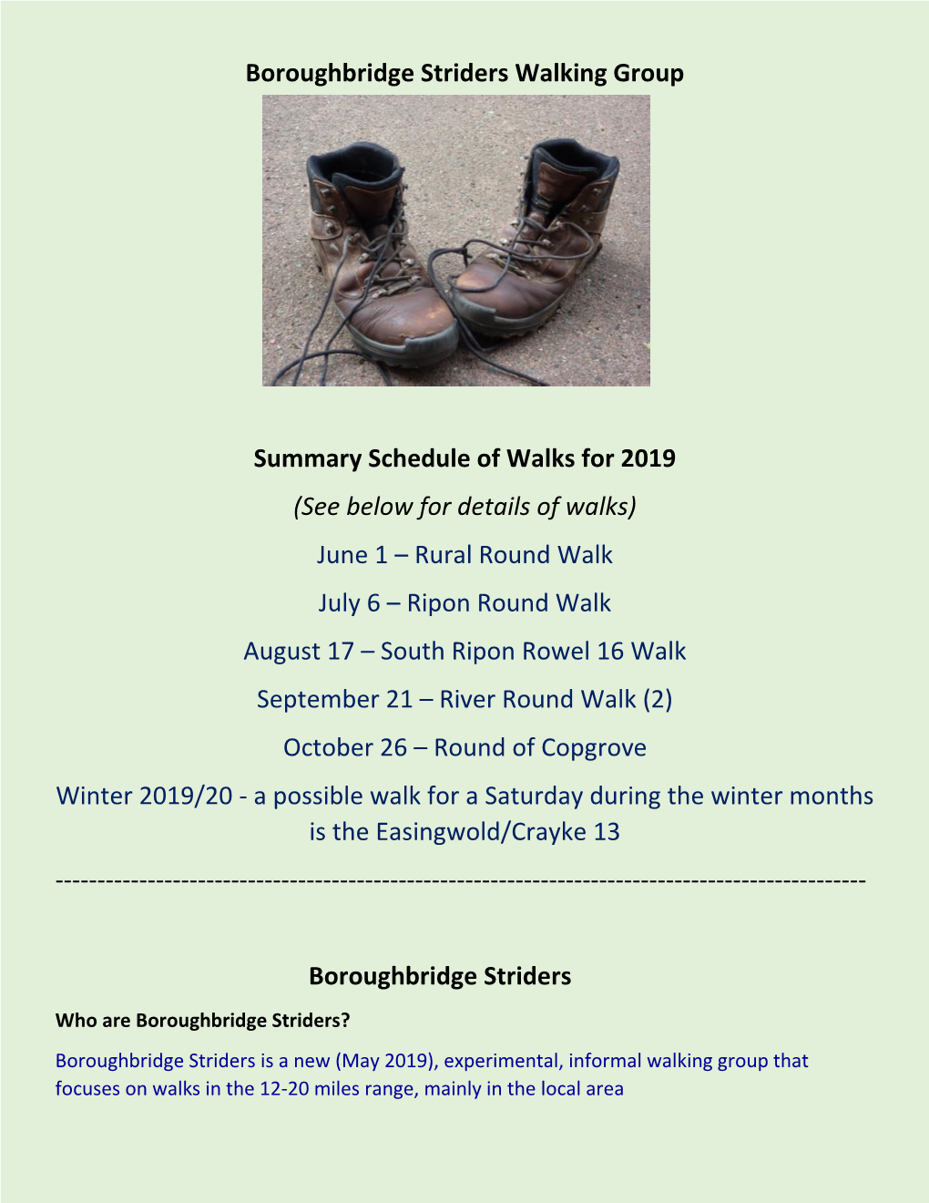 Boroughbridge Striders Walking Group Summary Schedule of Walks for 2019 (See Below for Details of Walks) June 1 – Rural Round