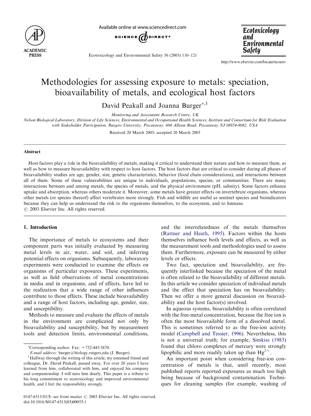 Methodologies for Assessing Exposure to Metals: Speciation, Bioavailability of Metals, and Ecological Host Factors