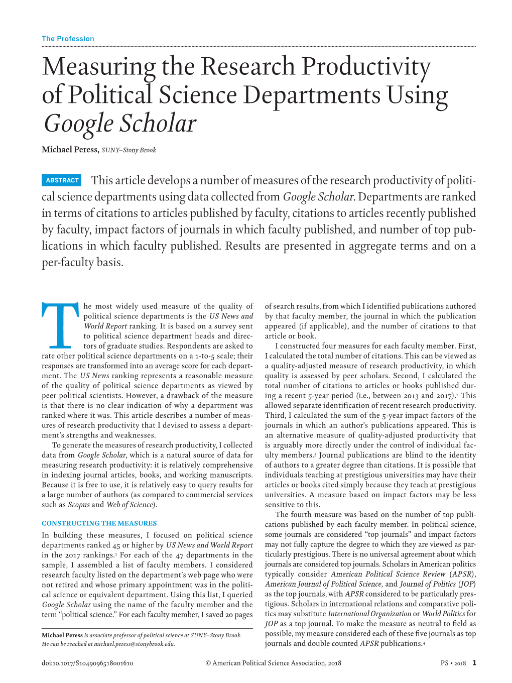 Measuring the Research Productivity of Political Science Departments Using Google Scholar