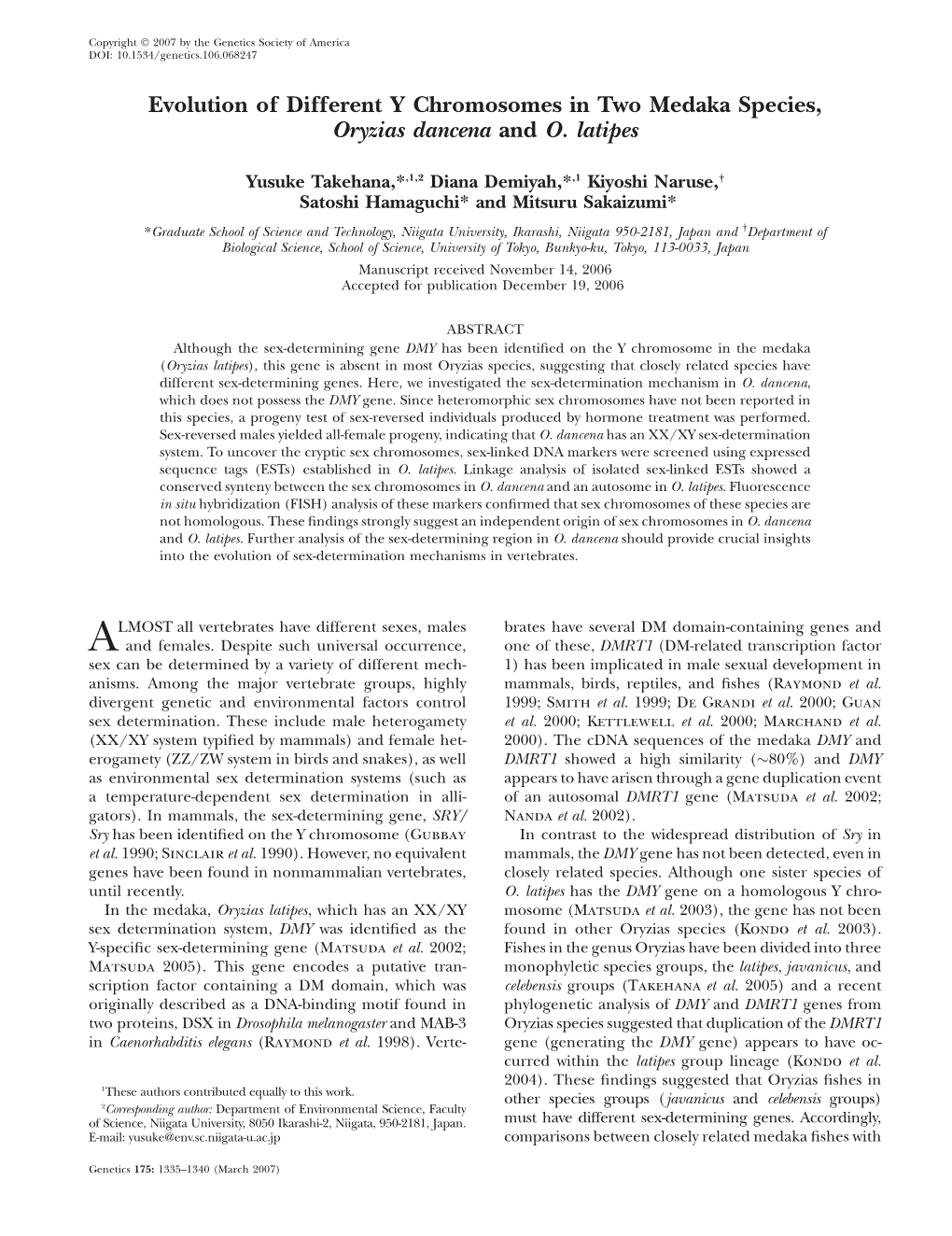 Evolution of Different Y Chromosomes in Two Medaka Species, Oryzias Dancena and O