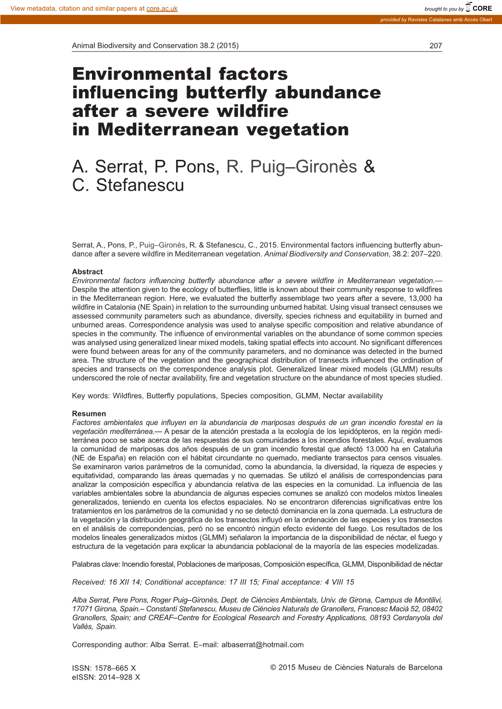 Environmental Factors Influencing Butterfly Abundance After a Severe Wildfire in Mediterranean Vegetation