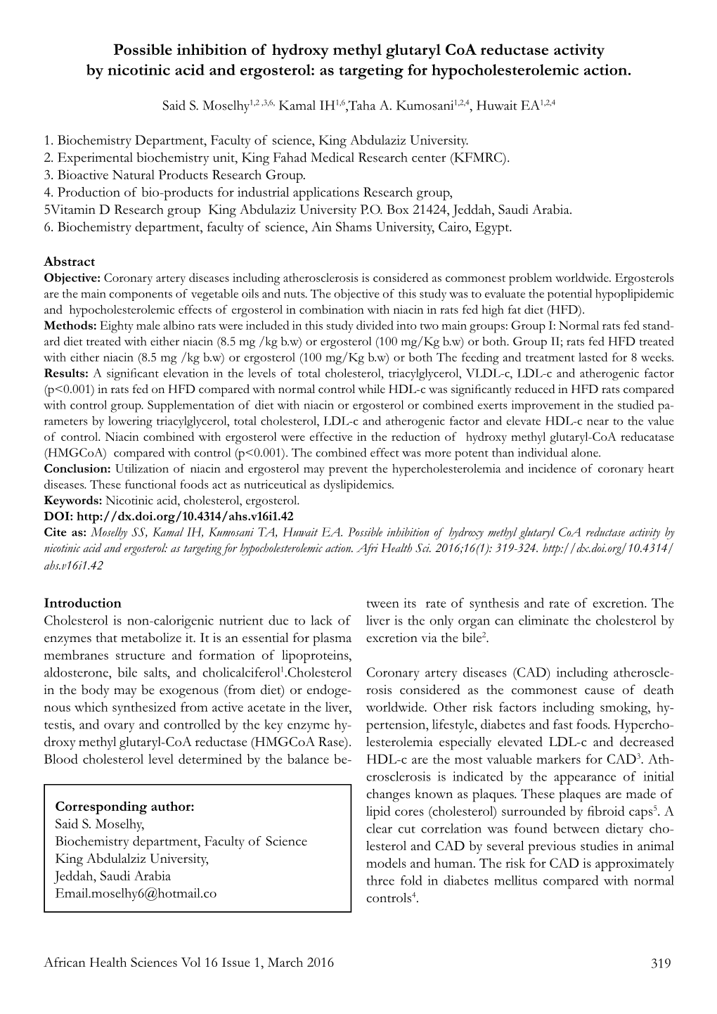 Possible Inhibition of Hydroxy Methyl Glutaryl Coa Reductase Activity by Nicotinic Acid and Ergosterol: As Targeting for Hypocholesterolemic Action