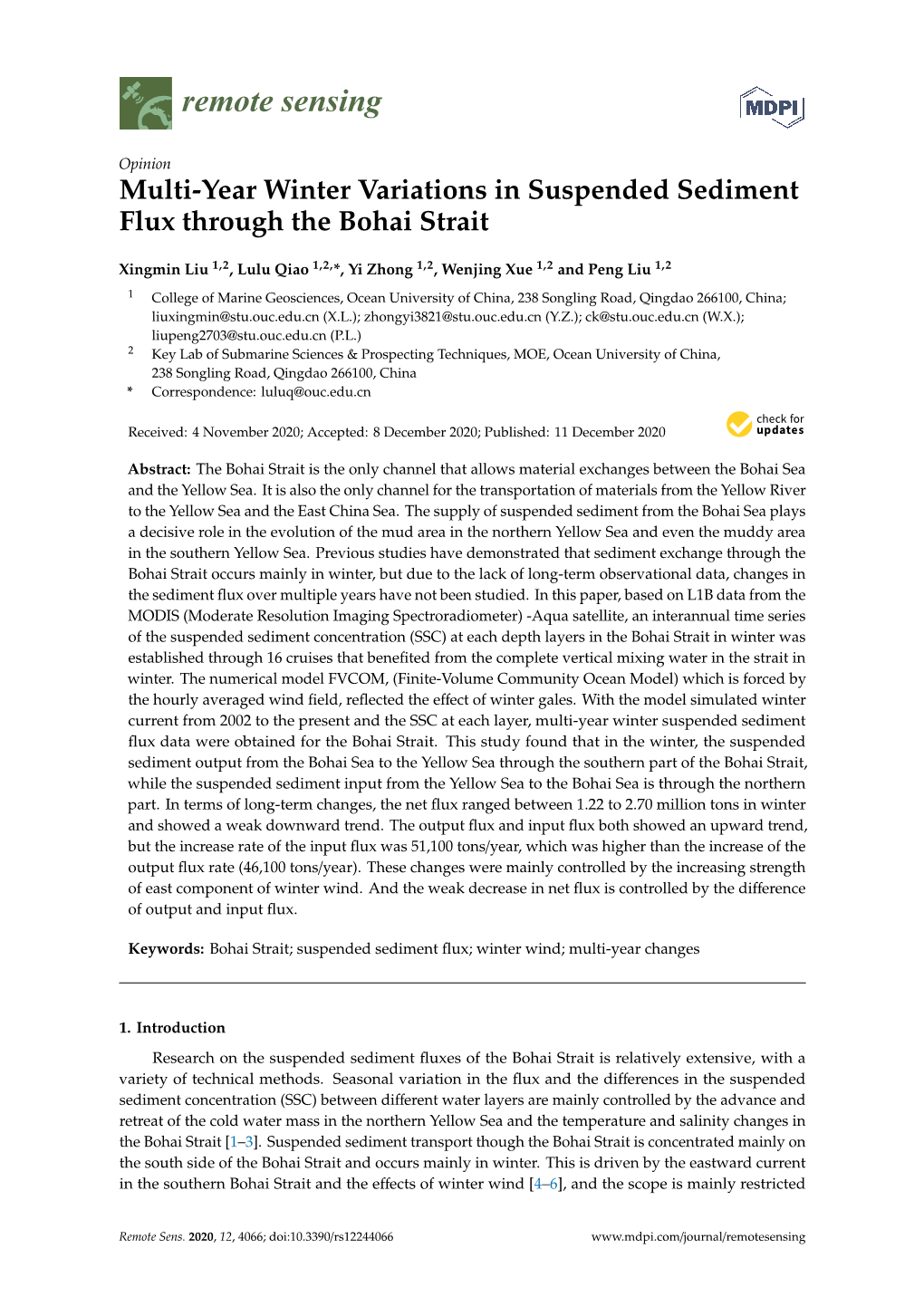 Multi-Year Winter Variations in Suspended Sediment Flux Through the Bohai Strait