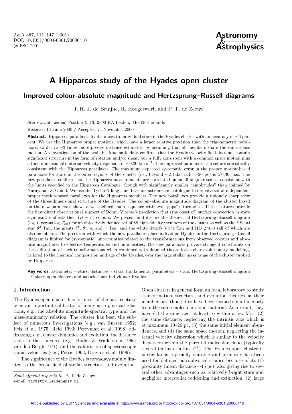 A Hipparcos Study of the Hyades Open Cluster