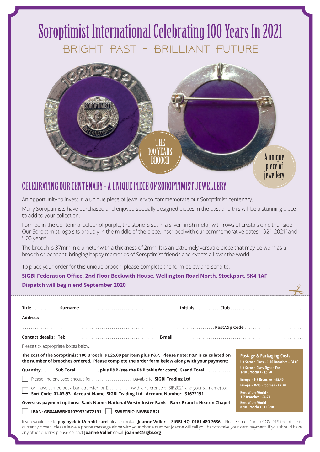 Soroptimist Brooch 100 Years Order Form