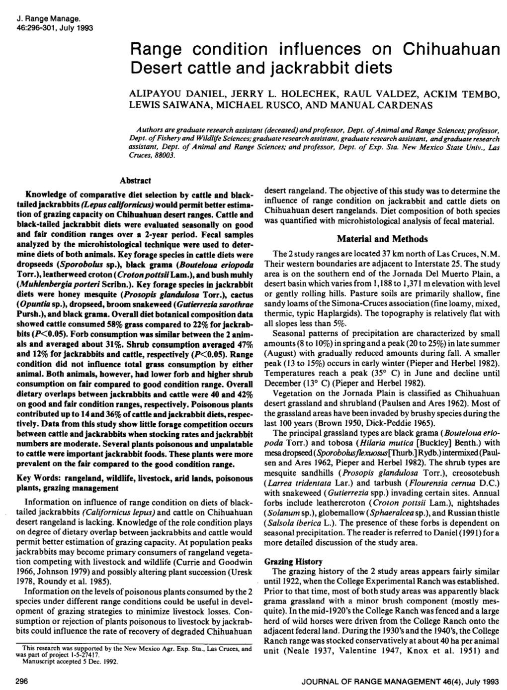 Range Condition Influences on Chihuahuan Desert Cattle and Jackrabbit Diets