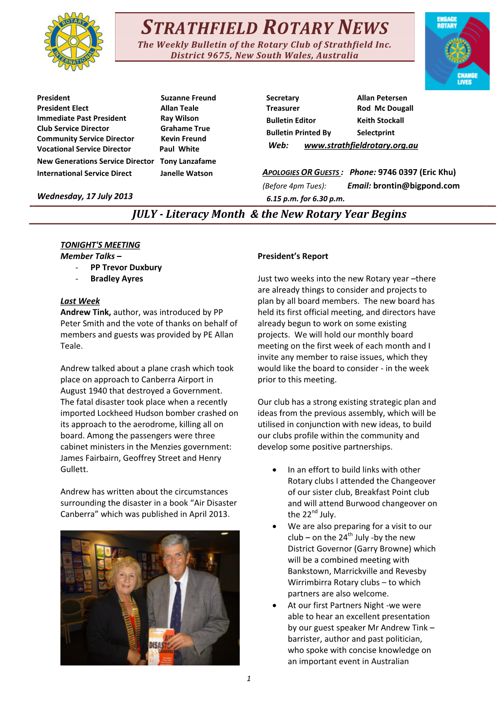 STRATHFIELD ROTARY NEWS the Weekly Bulletin of the Rotary Club of Strathfield Inc