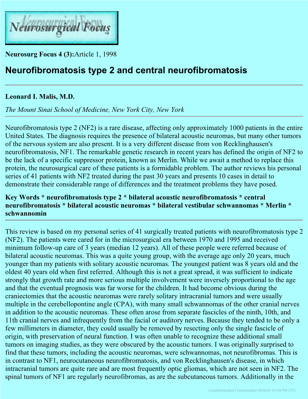 Downloaded 09/30/21 01:49 PM UTC NF2 Patients There Were Often Multiple Meningiomas