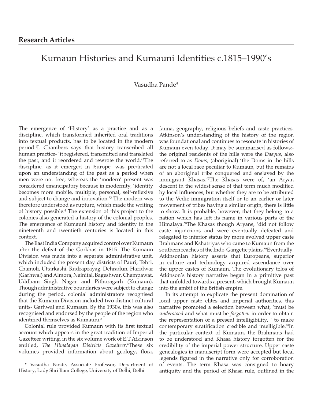 Kumaun Histories and Kumauni Identities C.1815–1990'S