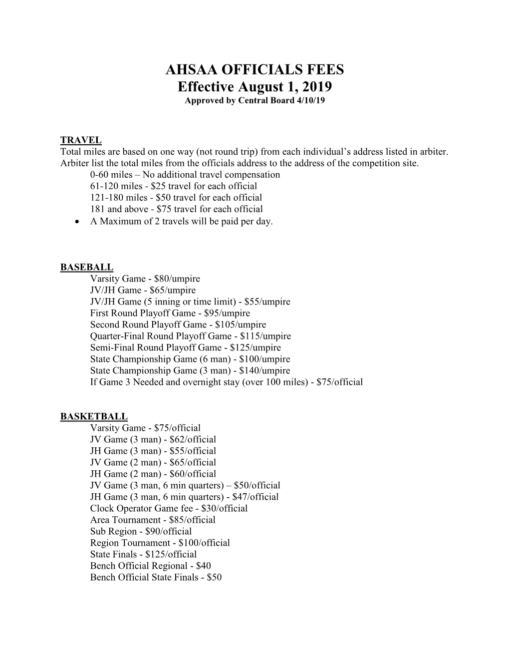 AHSAA OFFICIALS FEES Effective August 1, 2019 Approved by Central Board 4/10/19