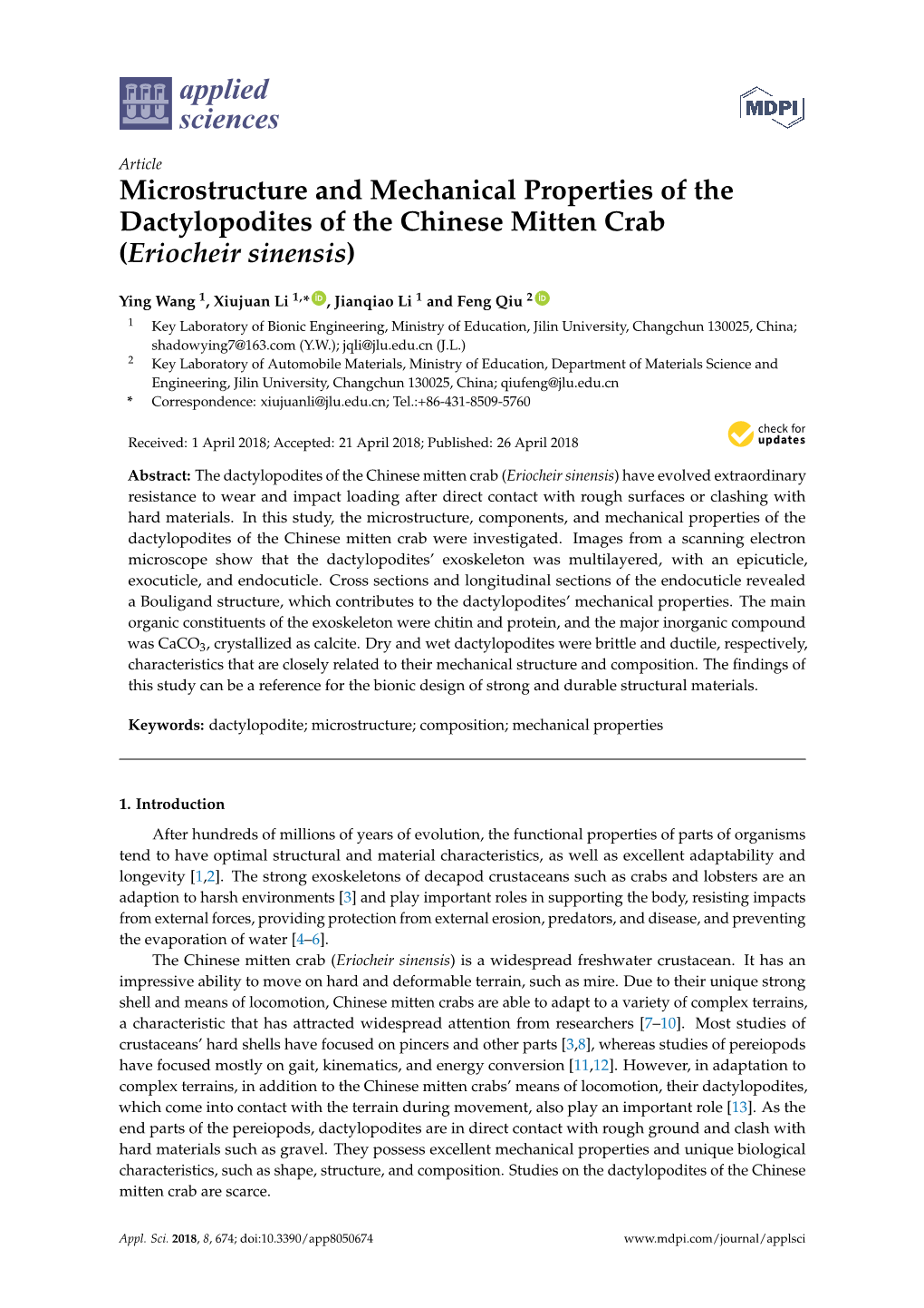 Microstructure and Mechanical Properties of the Dactylopodites of the Chinese Mitten Crab (Eriocheir Sinensis)