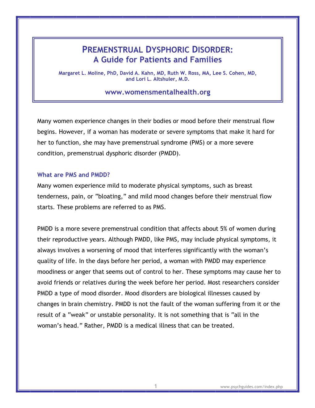 PREMENSTRUAL DYSPHORIC DISORDER: a Guide for Patients and Families