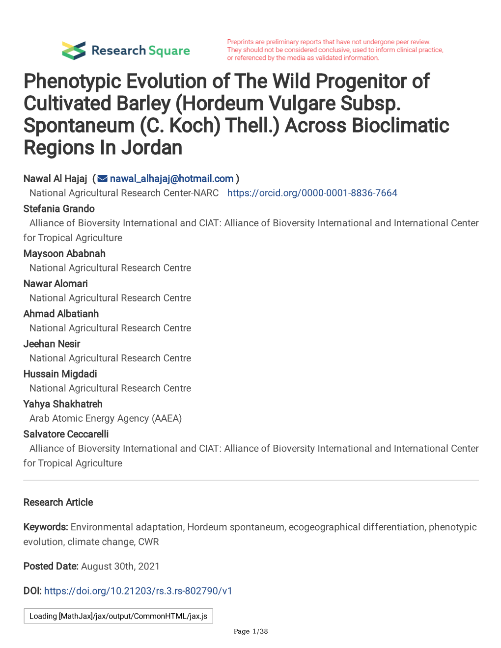 (Hordeum Vulgare Subsp. Spontaneum (C. Koch) Thell.) Across Bioclimatic Regions in Jordan