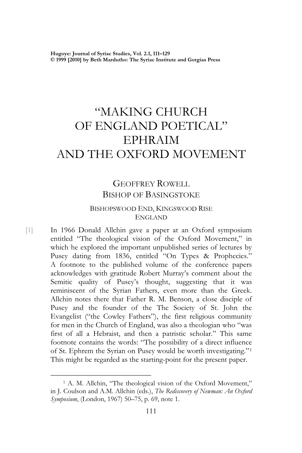 “Making Church of England Poetical” Ephraim and the Oxford Movement