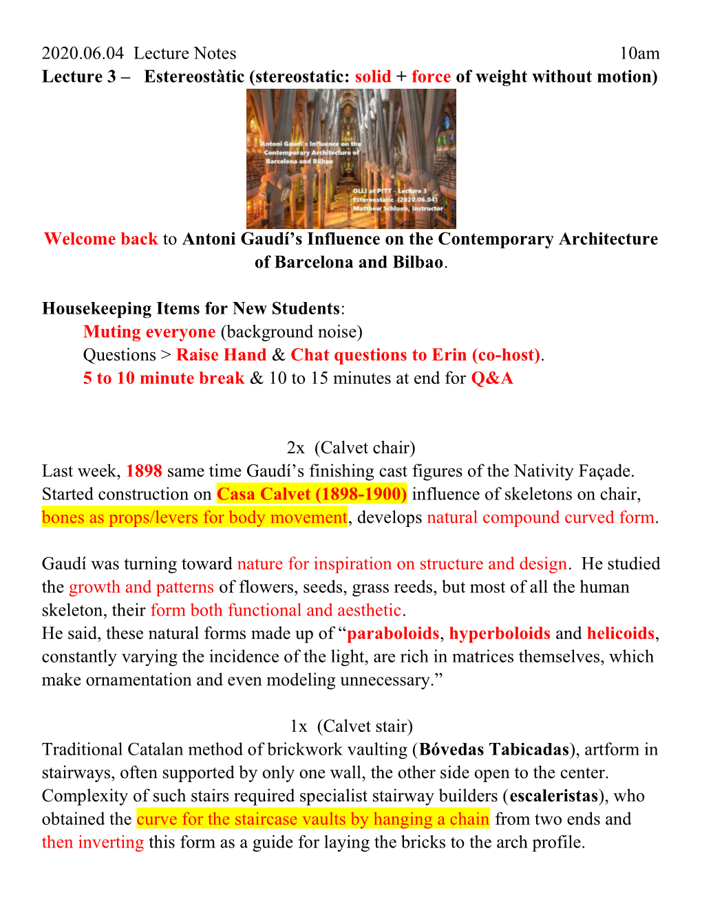 2020.06.04 Lecture Notes 10Am Lecture 3 – Estereostàtic (Stereostatic: Solid + Force of Weight Without Motion)