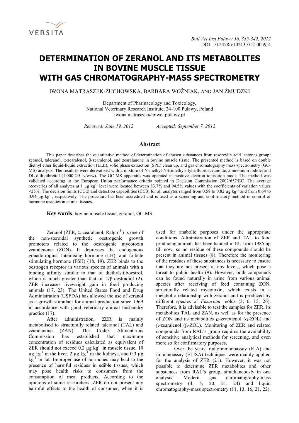 Determination of Zeranol and Its Metabolites in Bovine Muscle Tissue with Gas Chromatography-Mass Spectrometry