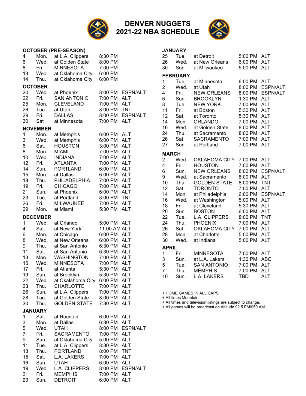 Denver Nuggets 2021-22 Nba Schedule