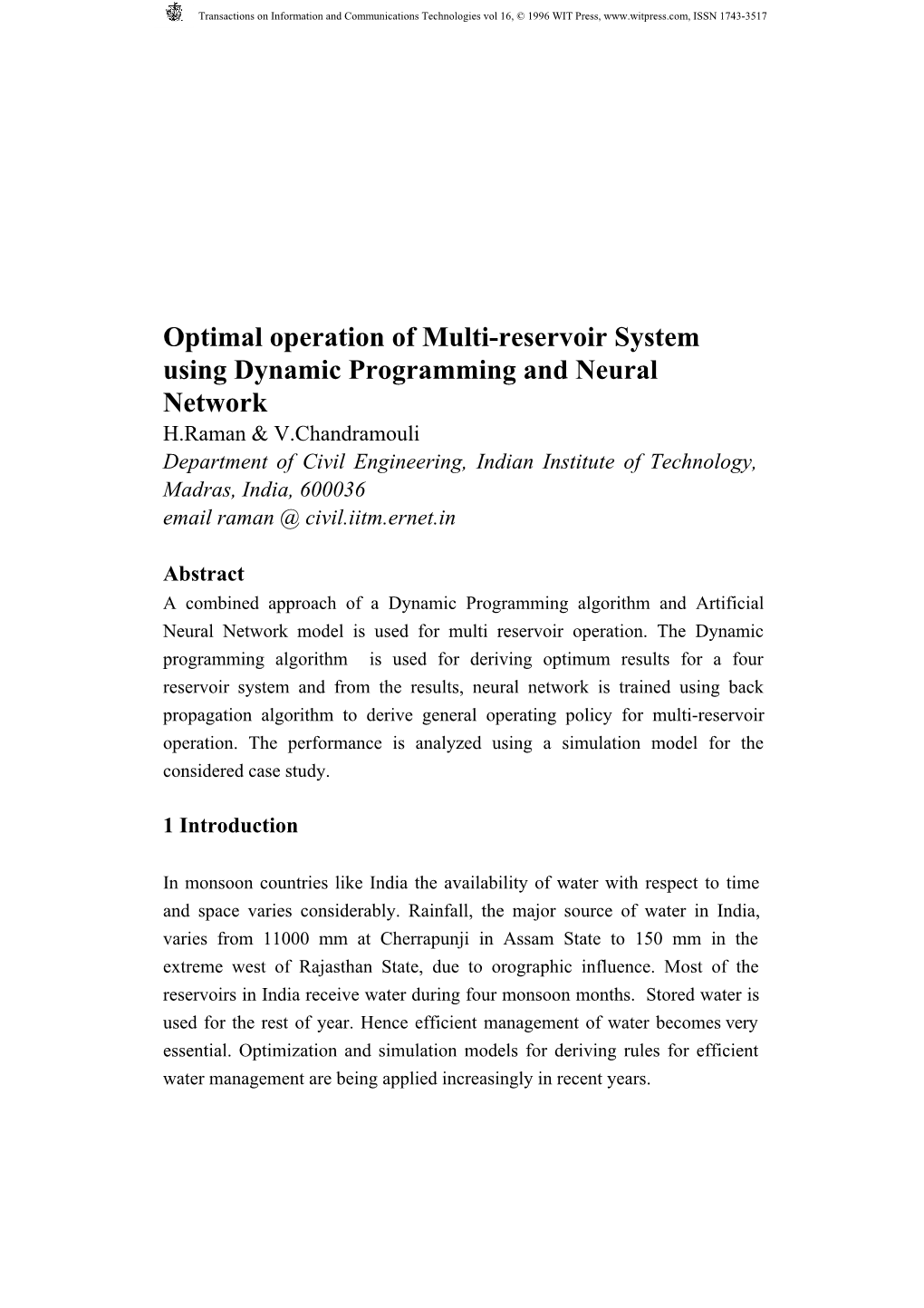 Optimal Operation of Multi-Reservoir System Using Dynamic Programming and Neural