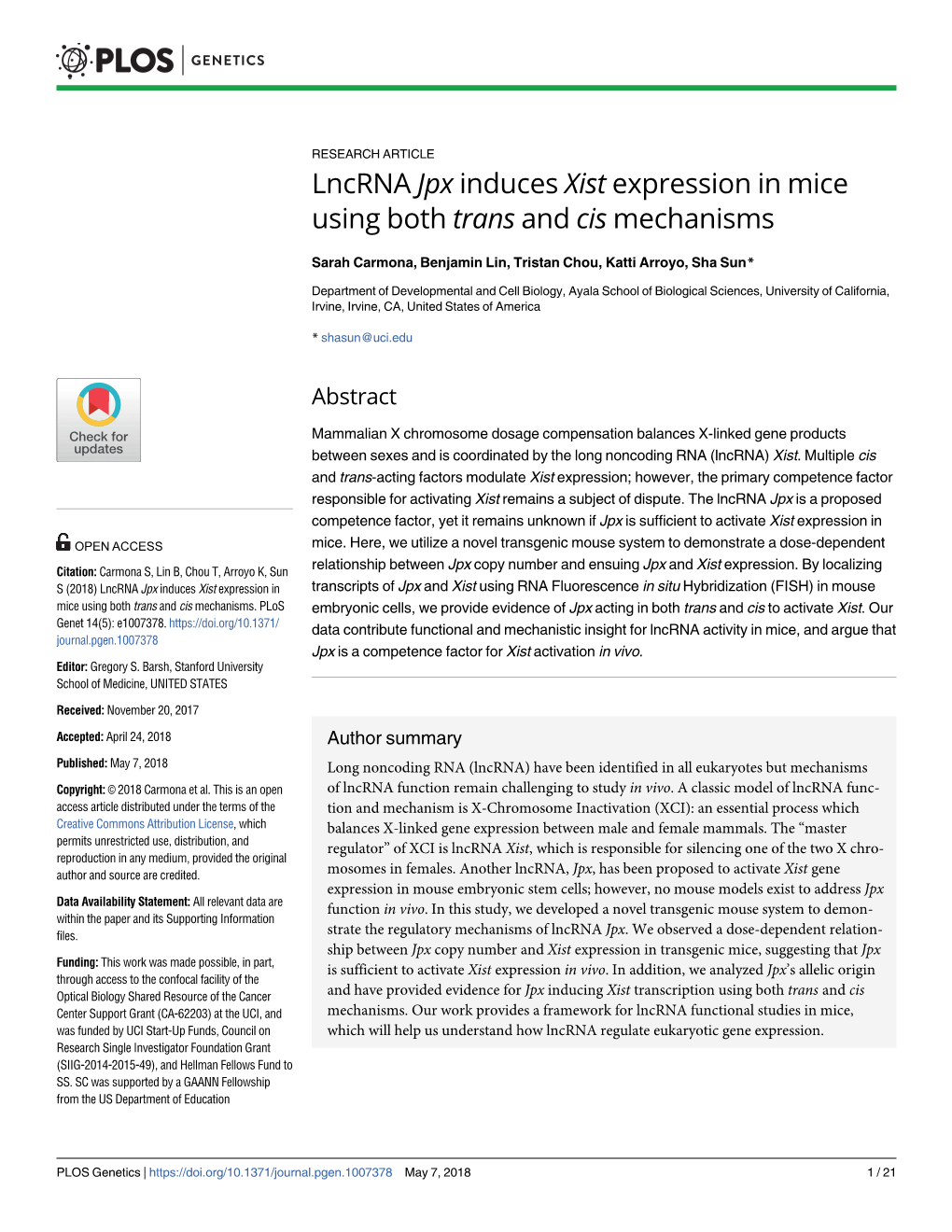 Lncrna Jpx Induces Xist Expression in Mice Using Both Trans and Cis Mechanisms