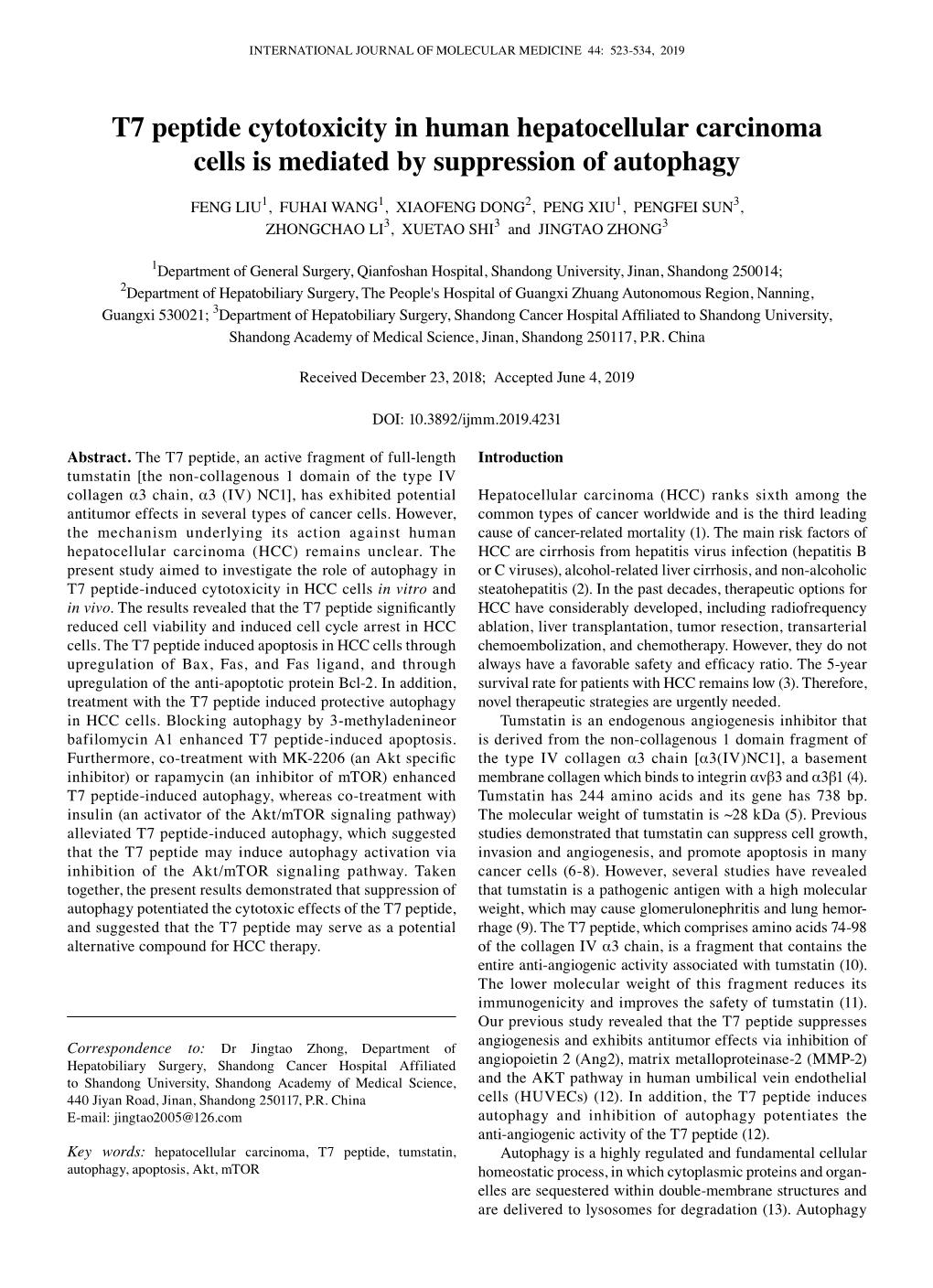 T7 Peptide Cytotoxicity in Human Hepatocellular Carcinoma Cells Is Mediated by Suppression of Autophagy