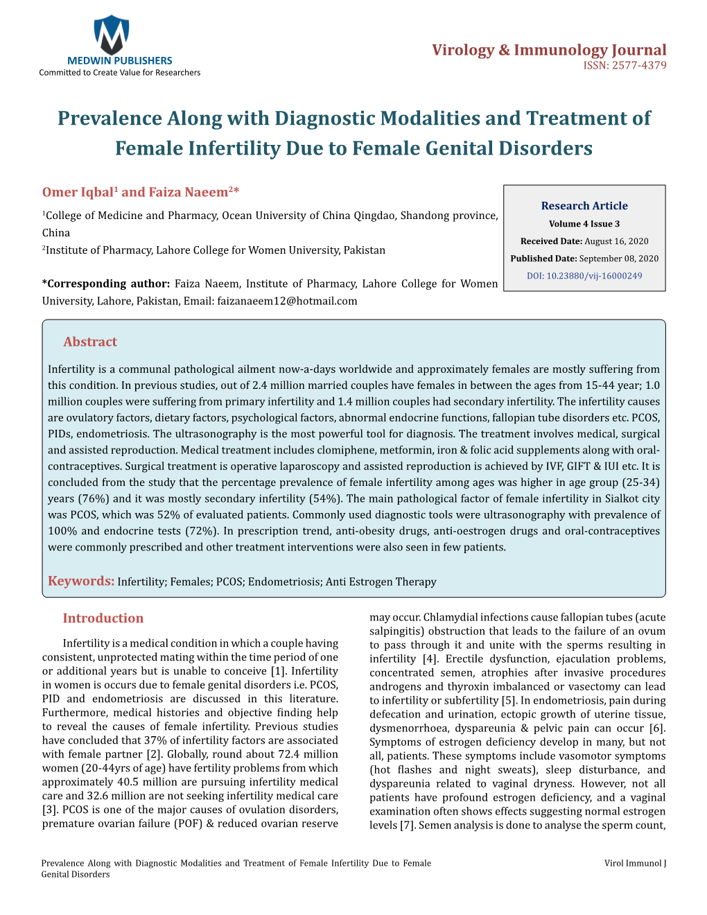 Prevalence Along with Diagnostic Modalities and Treatment of Female Infertility Due to Female Genital Disorders