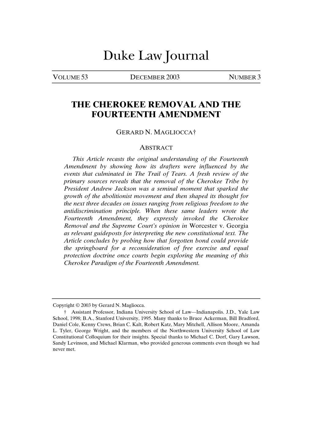 The Cherokee Removal and the Fourteenth Amendment