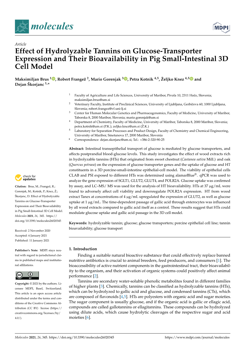 Effect of Hydrolyzable Tannins on Glucose-Transporter Expression and Their Bioavailability in Pig Small-Intestinal 3D Cell Model