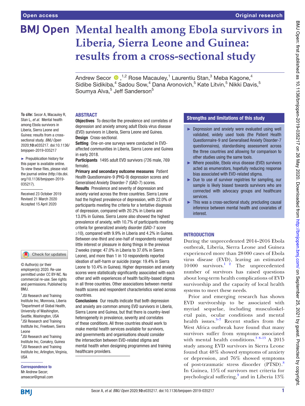 Mental Health Among Ebola Survivors in Liberia, Sierra Leone and Guinea: Results from a Cross-­Sectional Study