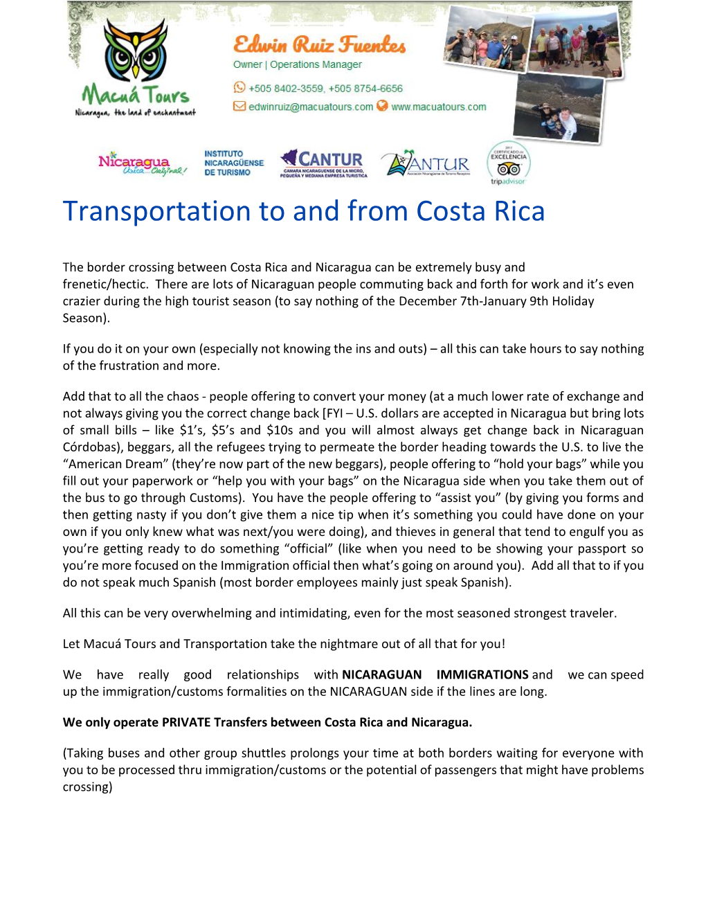 Transportation to and from Costa Rica