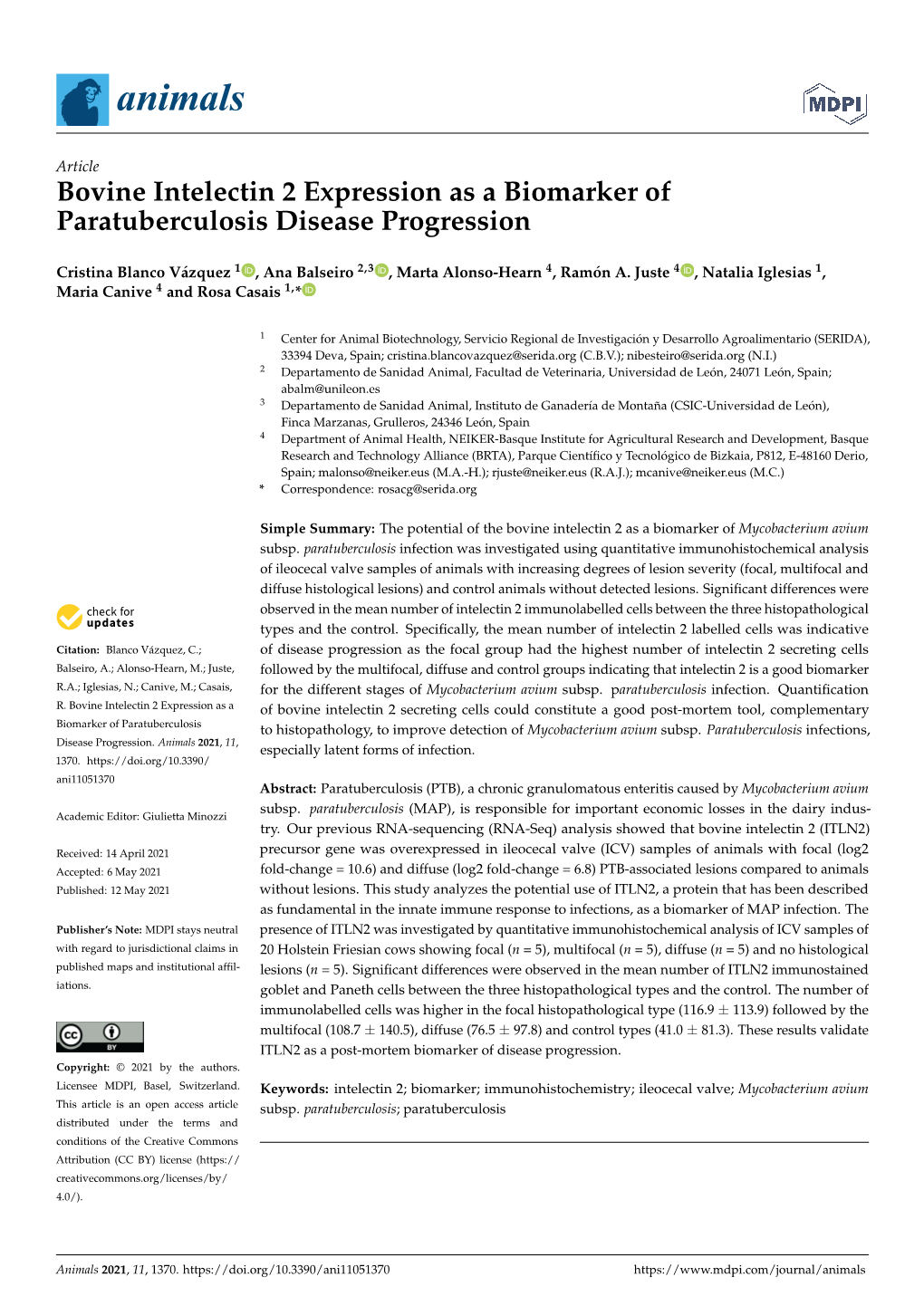 Bovine Intelectin 2 Expression As a Biomarker of Paratuberculosis Disease Progression