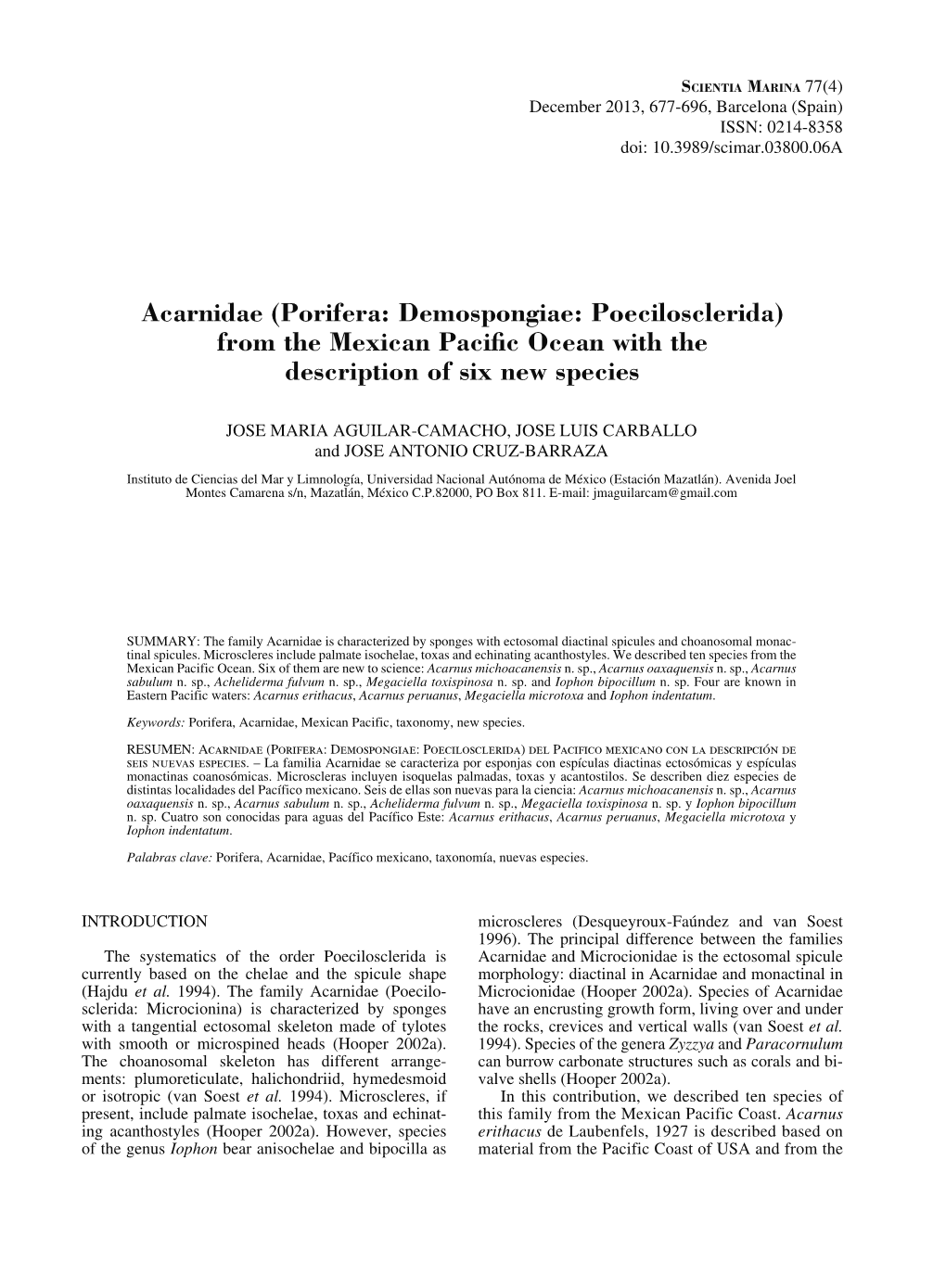 Acarnidae (Porifera: Demospongiae: Poecilosclerida) from the Mexican Pacific Ocean with the Description of Six New Species