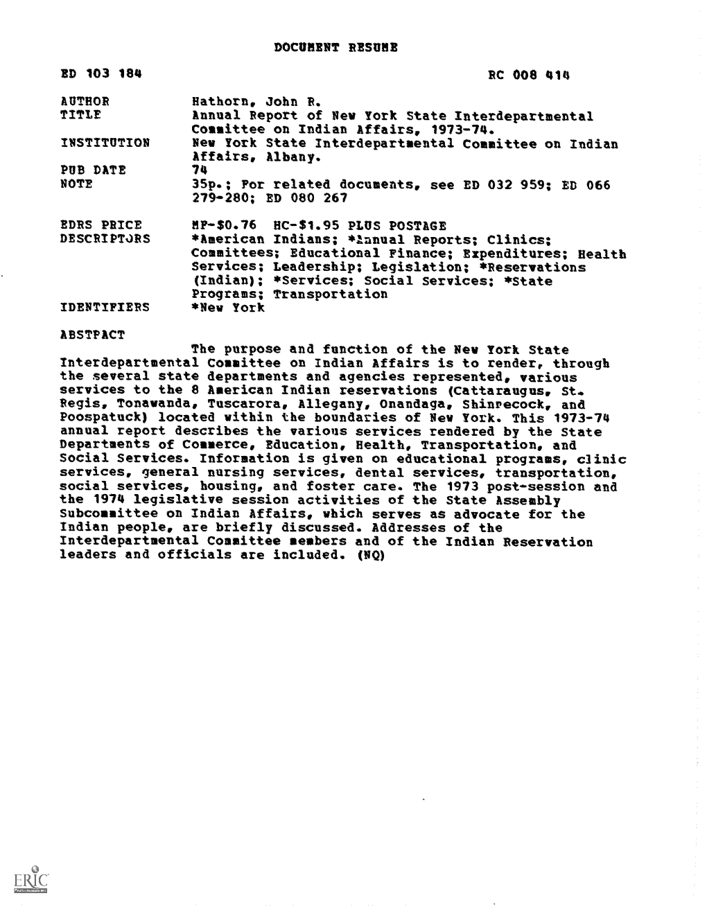 Annual Report of New York State Interdepartmental Committee on Indian Affairs, 1973-74