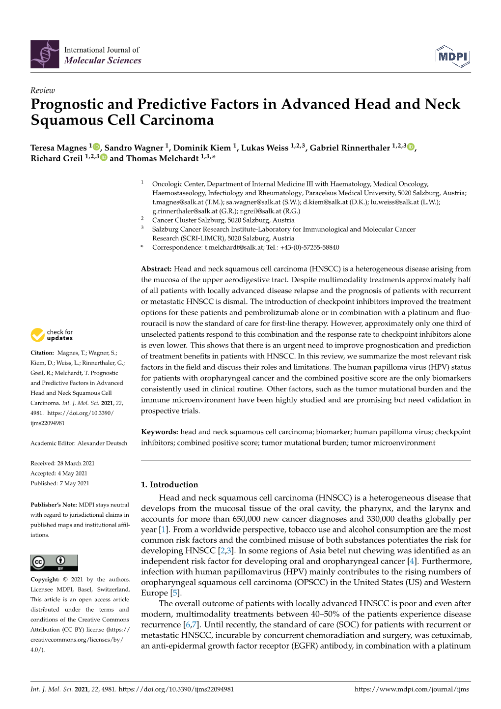 Prognostic and Predictive Factors in Advanced Head and Neck Squamous Cell Carcinoma