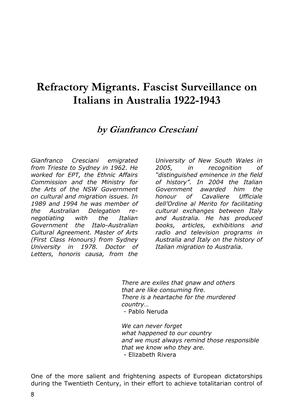 Refractory Migrants. Fascist Surveillance on Italians in Australia 1922-1943
