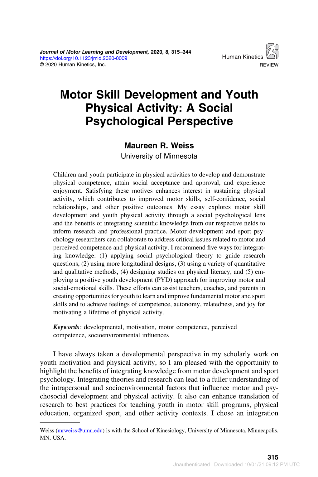 Motor Skill Development and Youth Physical Activity: a Social Psychological Perspective