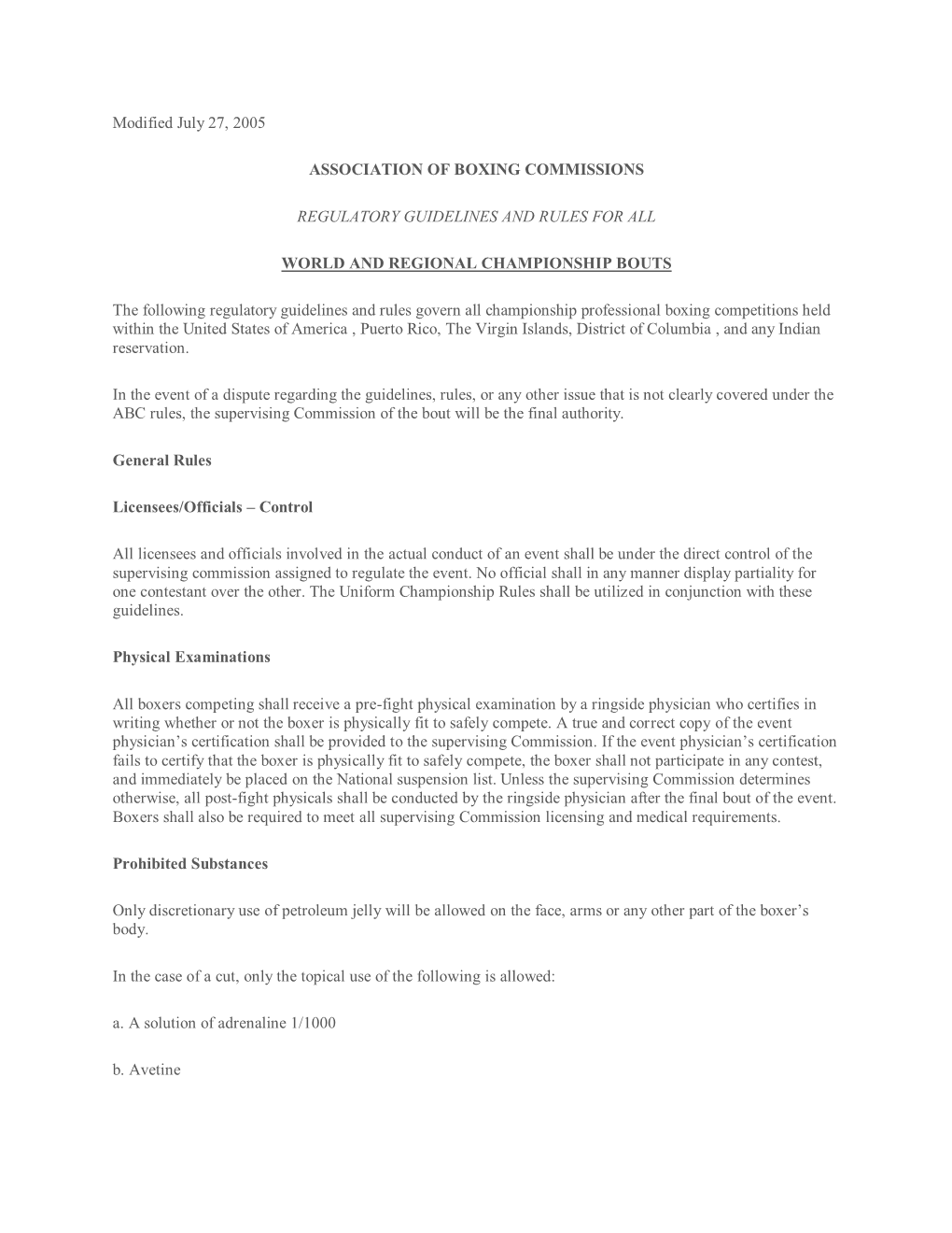 Modified July 27, 2005 ASSOCIATION of BOXING COMMISSIONS