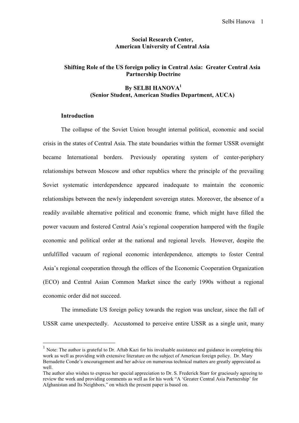 Shifting Role of the US Foreign Policy in Central Asia: Greater Central Asia Partnership Doctrine