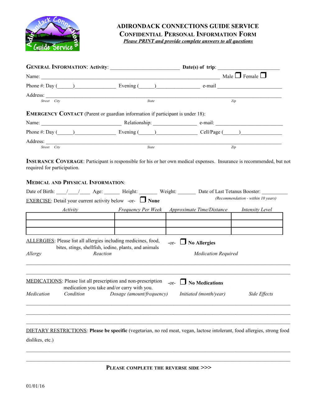 Adirondack Connections Personal Information Form