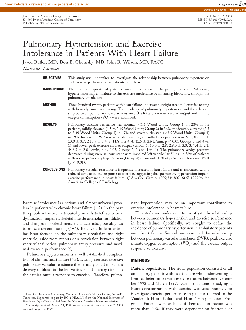 Pulmonary Hypertension and Exercise Intolerance in Patients with Heart Failure Javed Butler, MD, Don B