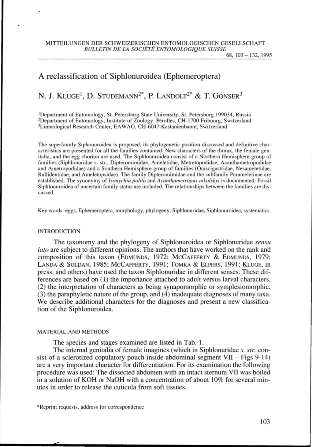 A Reclassification of Siphlonuroidea (Ephemeroptera)