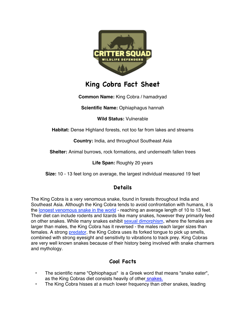 King Cobra Fact Sheet