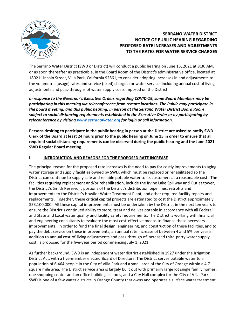 Serrano Water District Notice of Public Hearing Regarding Proposed Rate Increases and Adjustments to the Rates for Water Service Charges