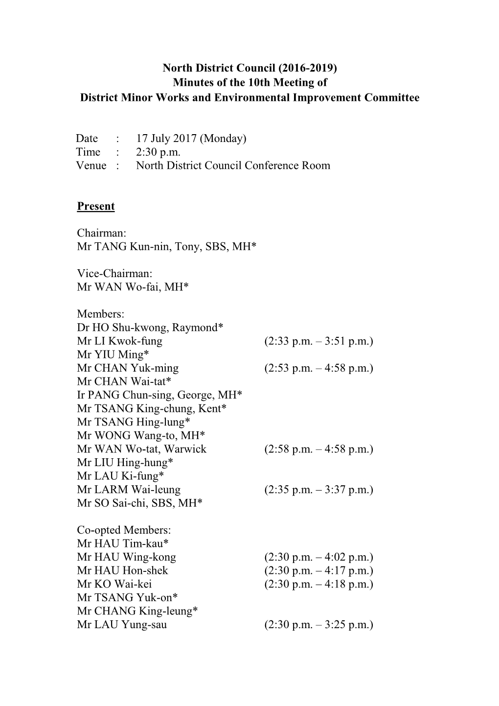 Minutes of the 10Th Meeting of District Minor Works and Environmental Improvement Committee