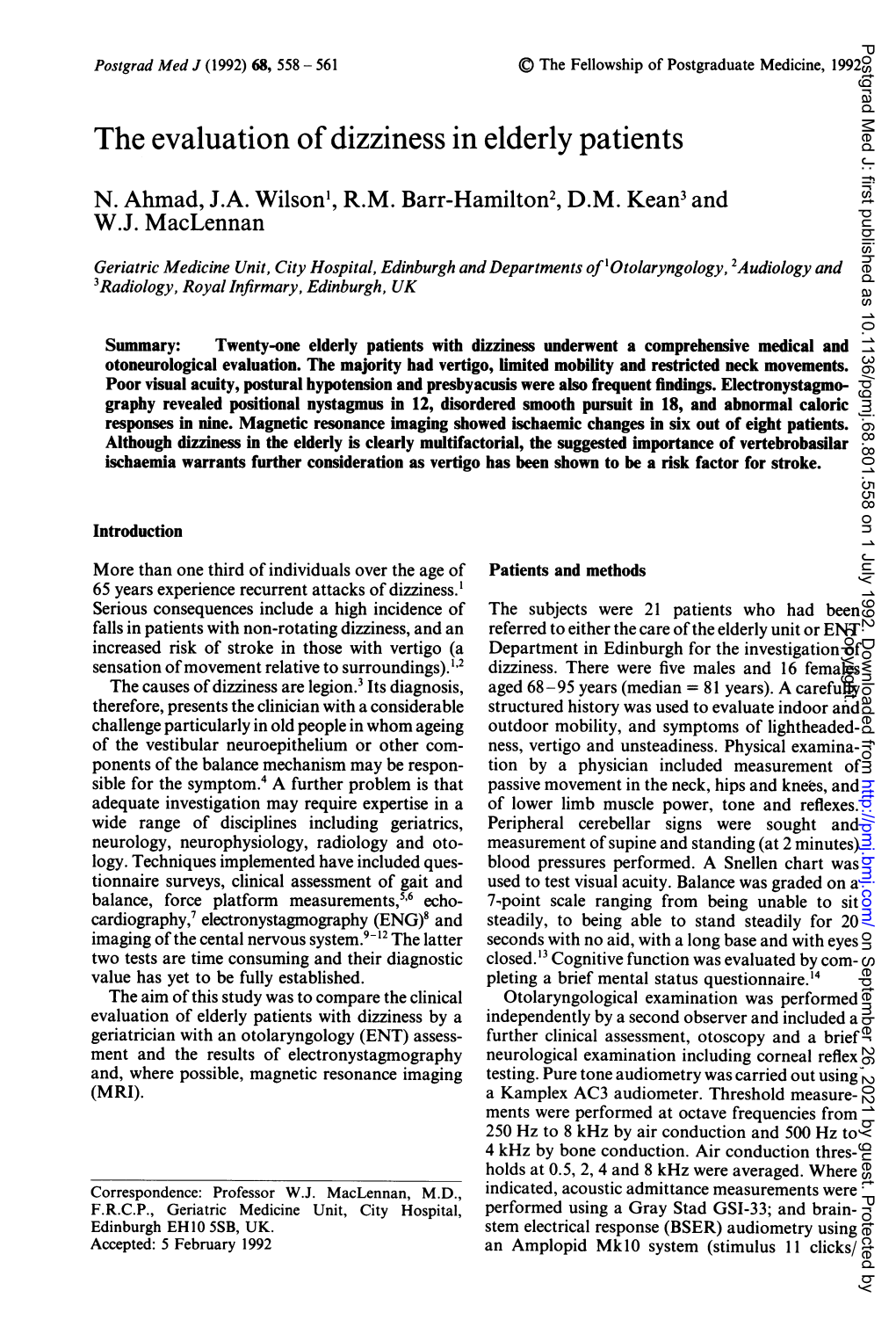 The Evaluation of Dizzinessin Elderly Patients