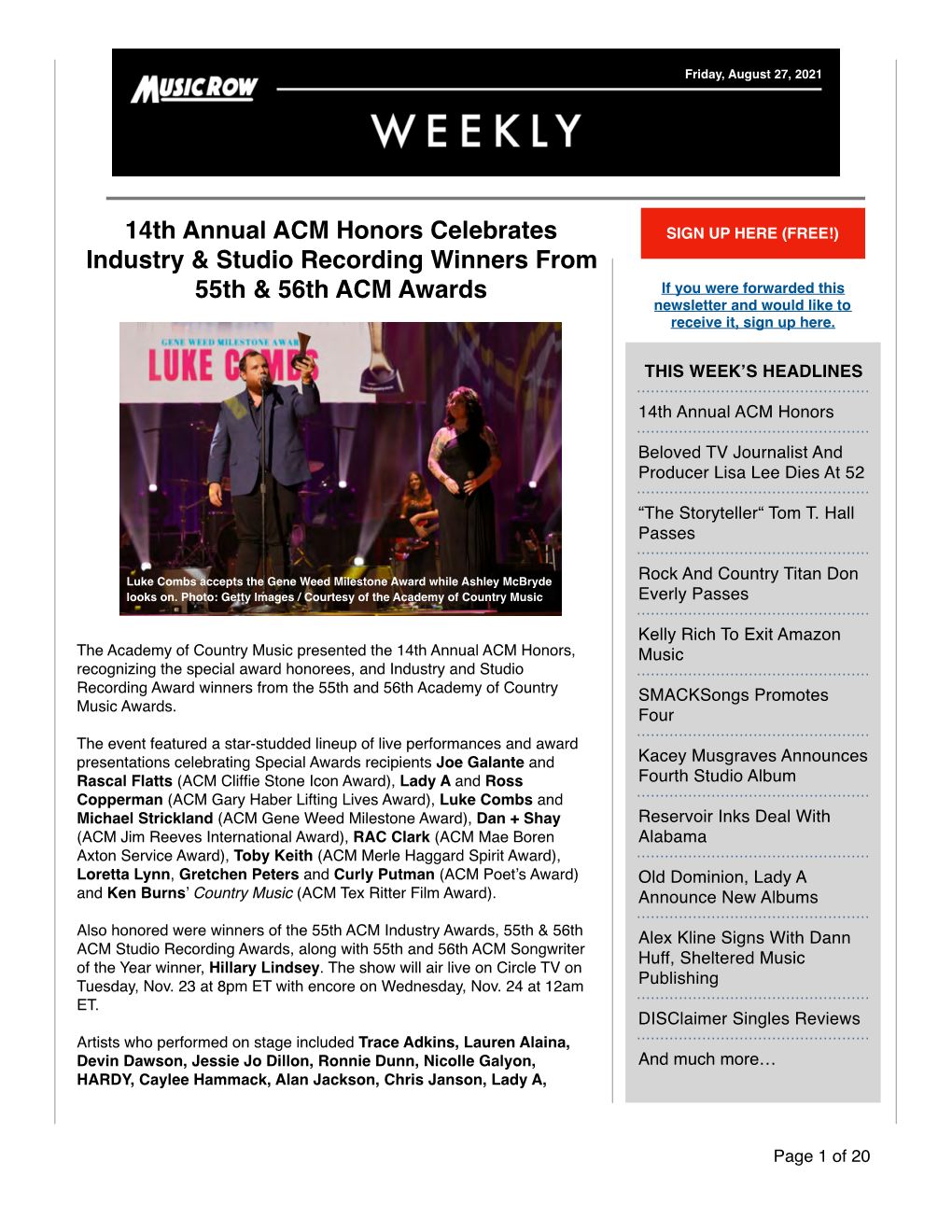 14Th Annual ACM Honors Celebrates Industry & Studio Recording Winners from 55Th & 56Th ACM Awards