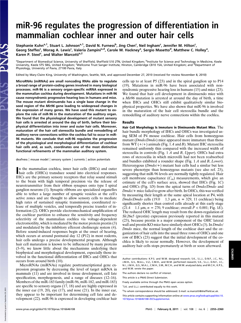 Mir-96 Regulates the Progression of Differentiation in Mammalian Cochlear Inner and Outer Hair Cells