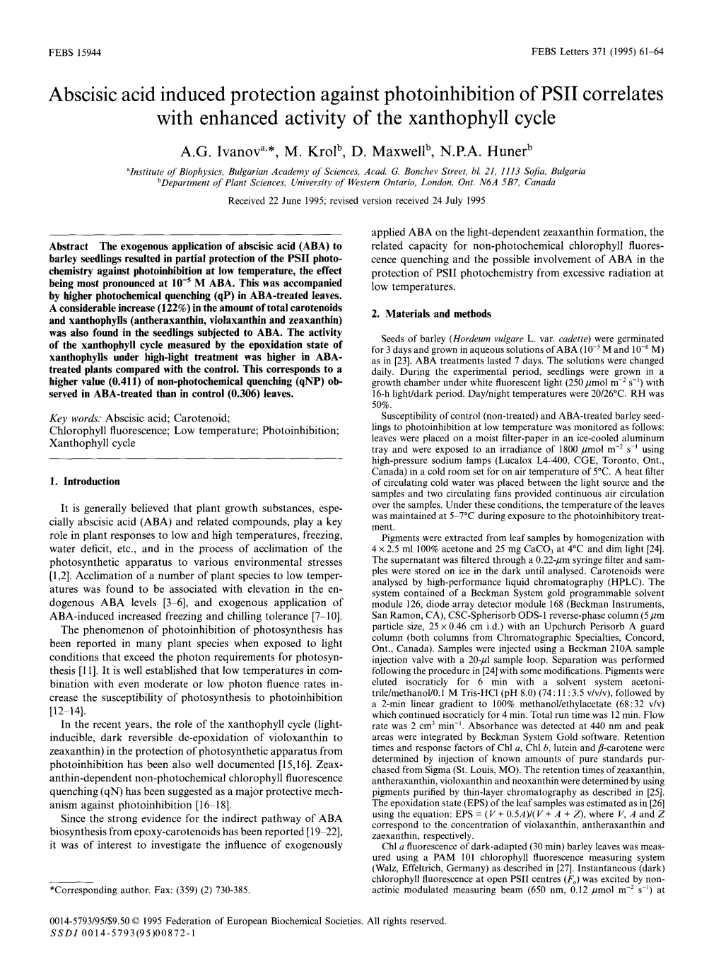 Abscisic Acid Induced Protection Against Photoinhibition of PSII Correlates with Enhanced Activity of the Xanthophyll Cycle